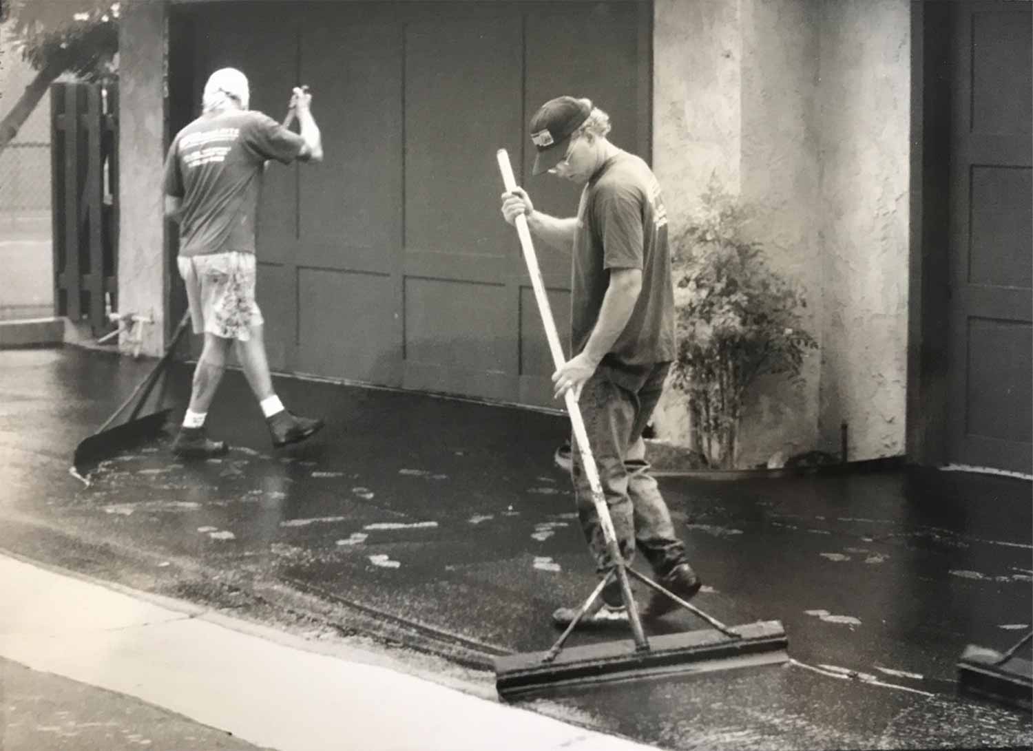 Gordon and Pat Reardon sealcoating in Northridge - See how Gordon’s K-Swiss tennis shoes went from paving to sealcoating, to the trash can 1