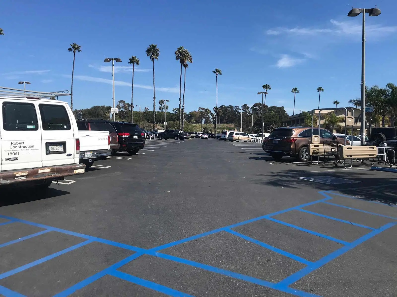 A sealcoating and restriping project for the Marina Village Shopping Center parking lot by GPM in Ventura, California.