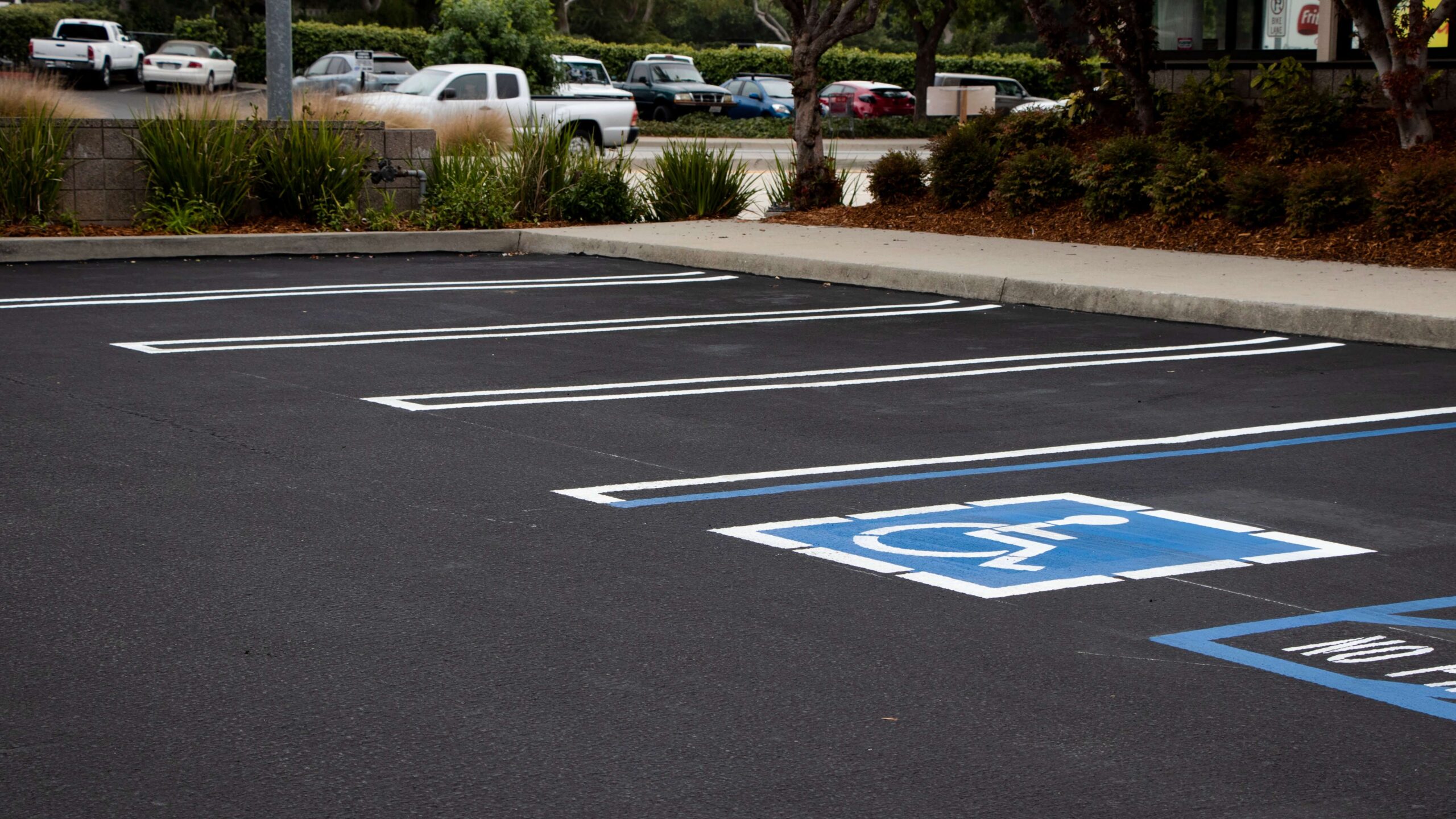 Some parking spaces that were striped using GPM's striping services for shopping malls.